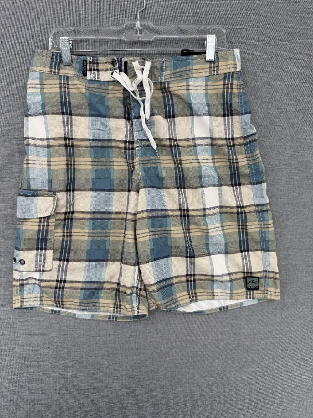 Rusty Board Shorts Mens 34 9" Plaid Grunge Swim Trunks Cargo Pocket Drawstring